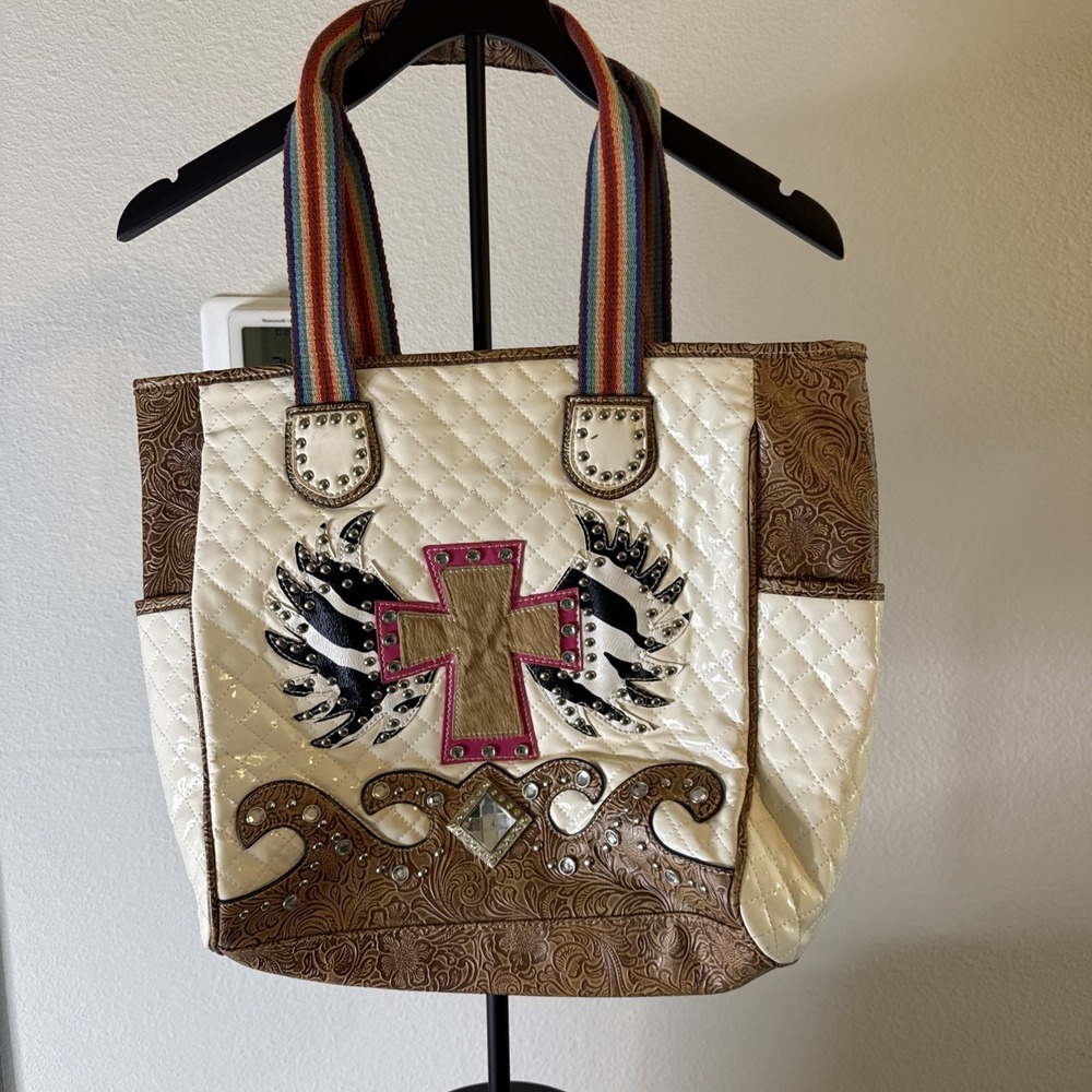Tote Bag Western Print Leather Shoulder Cross Rhinestones